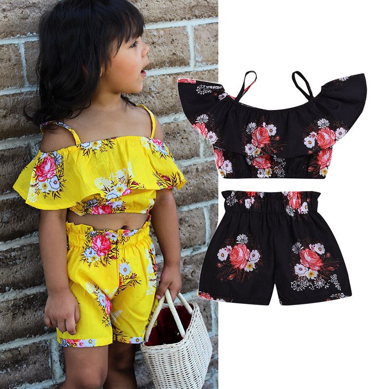 VERANO NIÑOS NIÑAS Ropa Conjuntos para niños pequeños Ropa Floral Halter Top + Pantalones