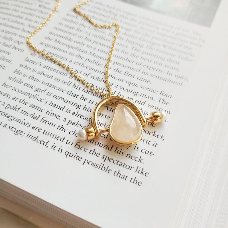 925 Sterling Silver Natural Gemstone Drop Pendant Necklace Gold Chain Teardrop Pink Rose Quartz Semi-precious Stone Necklace Q0531