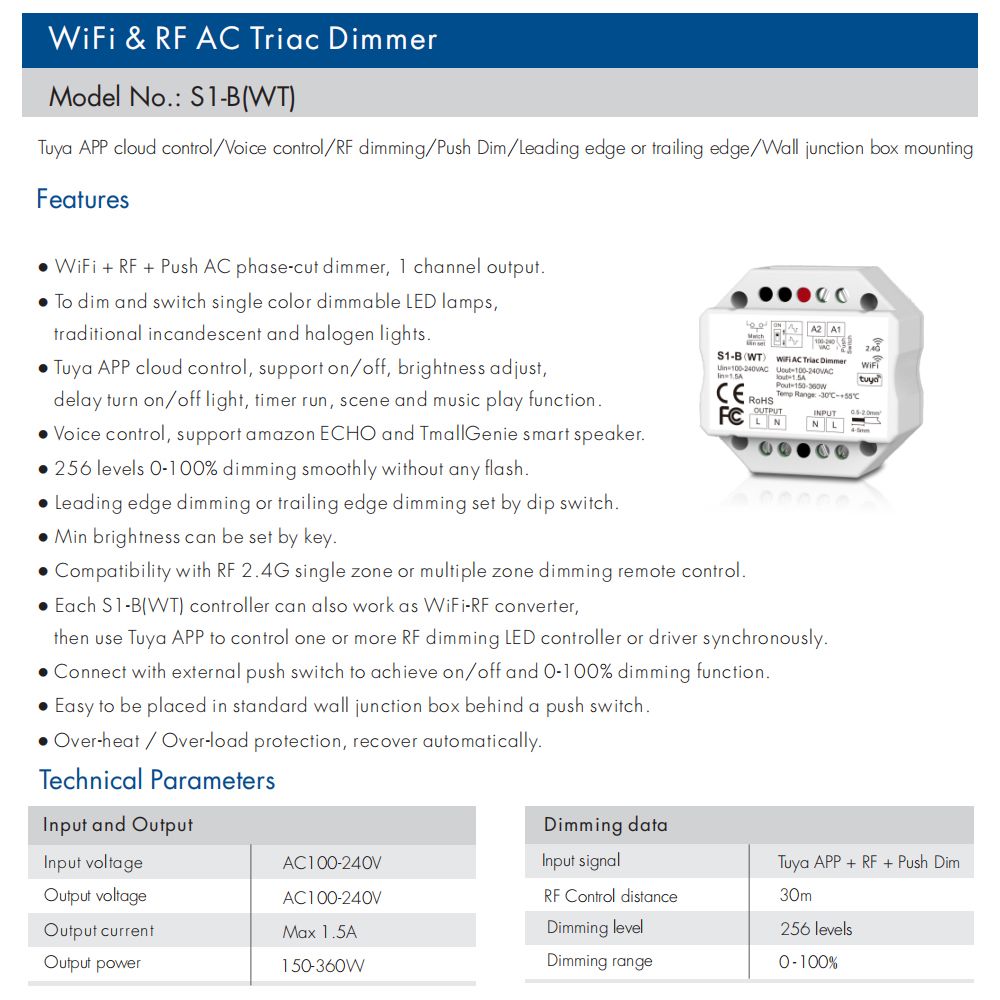 Wifi 2.4G RF AC Triac LED Dimmer 220V 230V Work With Tuya Smart Life App   Alexa Echo Google Home Assistant Voice Control From Jeromepeng,  $4.27