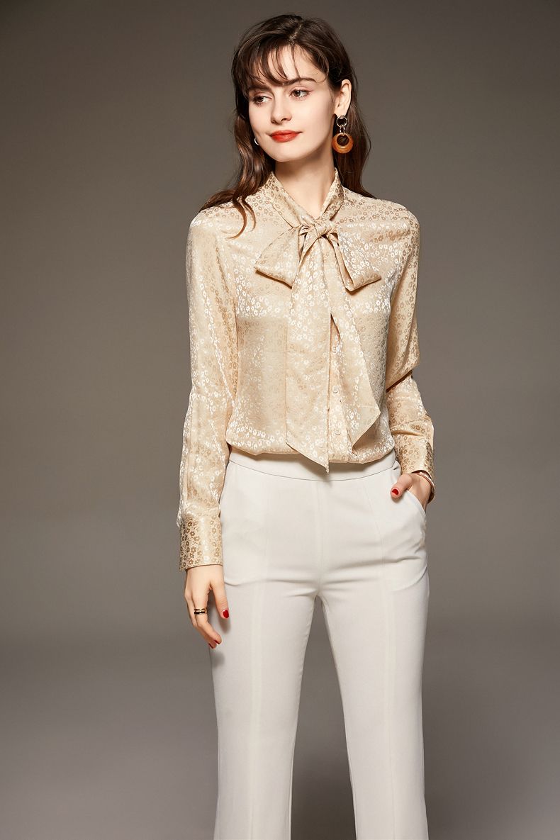 100% de seda natural camisa de las con arriba cuello de arco mangas largas floral impreso elegante alta calle blusa blusa tops