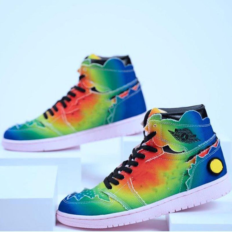 J Balvin X 1 High OG Basketball Shoes Multi Color Rainbow Tie Dye 