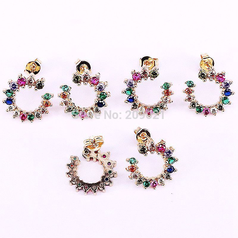 5Pairs New design gold micro pave rainbow zircon cz stud earrings for women or girls partywedding jewelry earrings