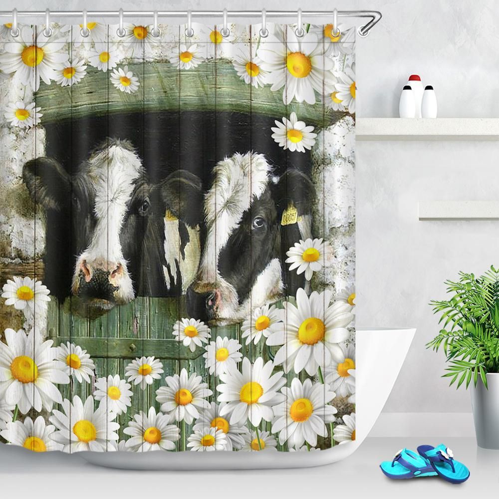 2020 Farm Animal Barn Cow Shower Curtain Daisy White
