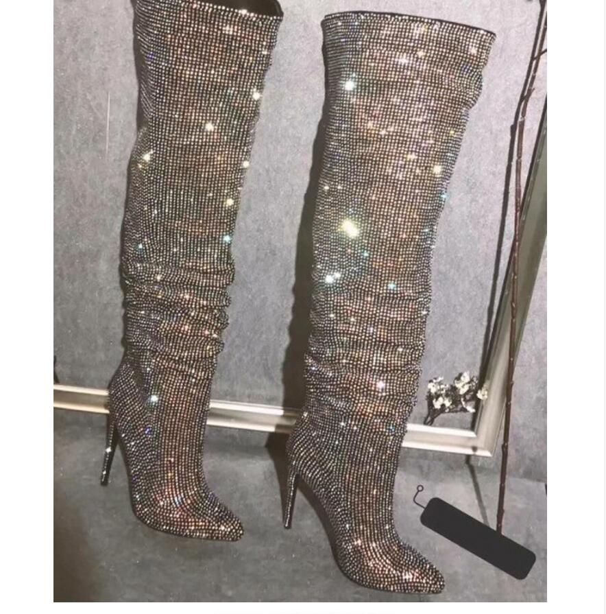 Sexy Glitter Rhinestone Drilled Over Knee Boots Women Thin High Heel
