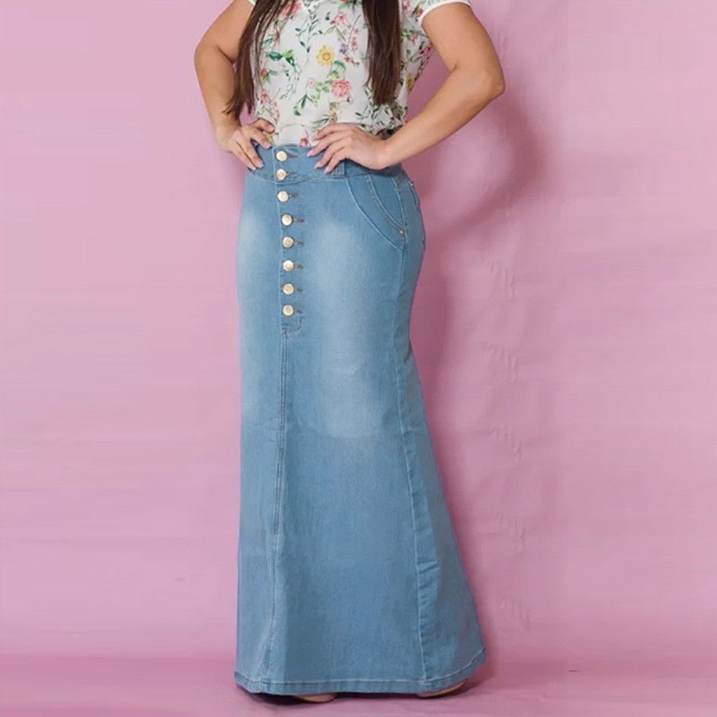 Botón Frontal Lavado Denim Una Línea De Faldas Largas Jean F Botón Frontal Lavado Denim Una Línea De Faldas Largas Jean F