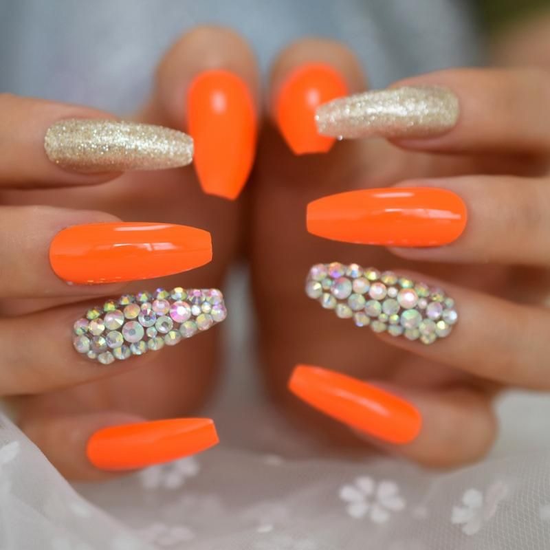 False Nails Holographic Crystal Neon Orange Press On Shimmer Glitter Extra Long Ballerina Coffin Uv Gel Fake Fingersnails From Sophine06 Dhgate Com