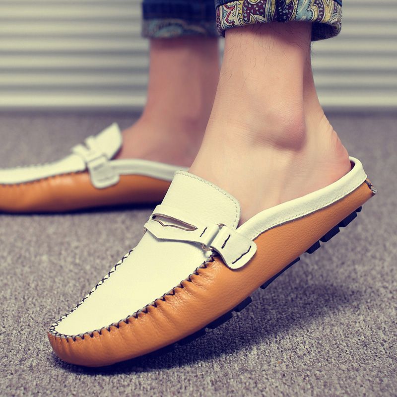 Man New Fashion Cow Split Casual Half Shoe Male Breathable Backless Loafer  Half Footwear Hombre Open Back Leather Comfy Mocassin
