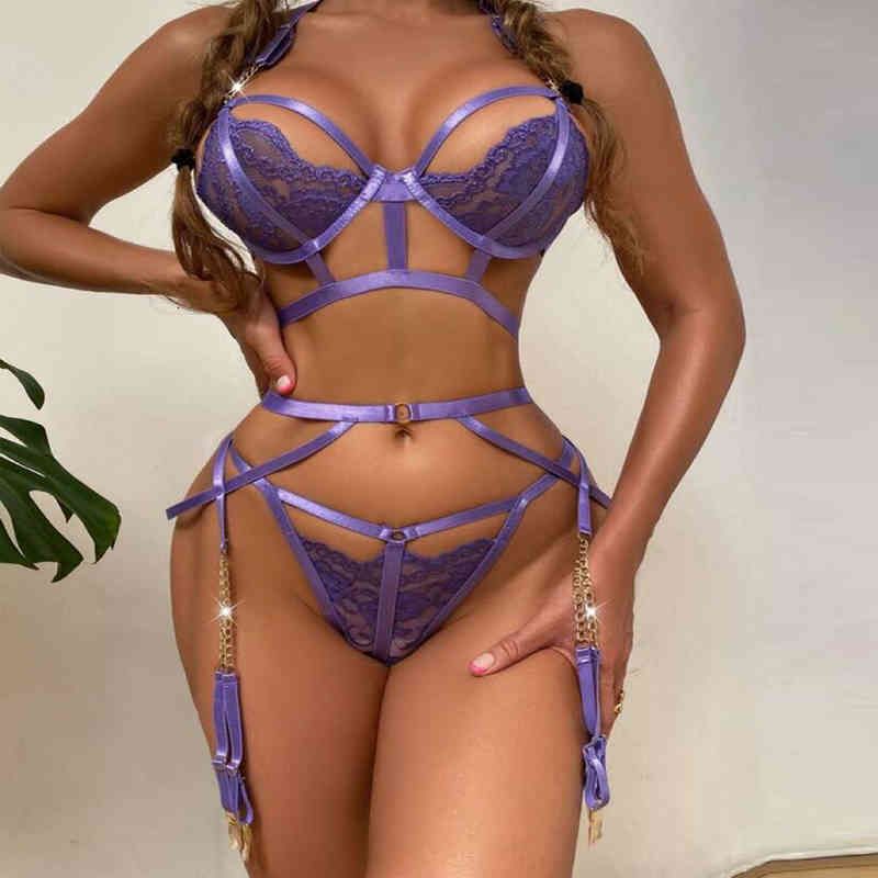 sensuales Lencería Trajes Sexy Puta inferior Hollow Out Halter Bra 3 piezas Sissy Metal Cadena Equipo