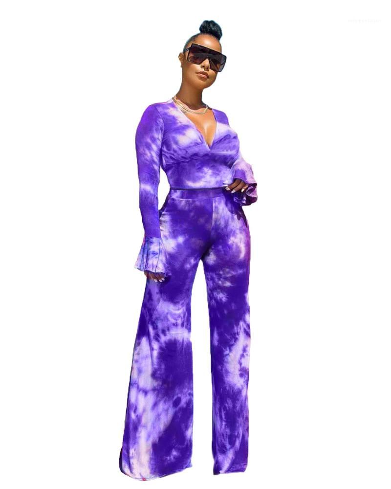 2020 Fashion Flare Sleeve Womens Clothing Set Tie Dye Sexy Deep V Neck