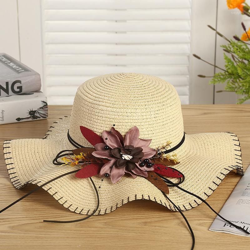 Summer Flower Simple Wavy Large Brimmed Straw hat Beach Hats Parent-Child Sun hat 