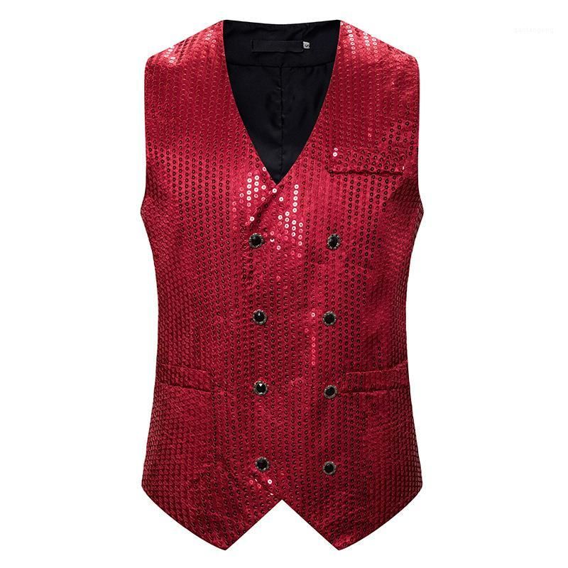 2021 Mens Double Breasted Vests Brand Slim Fit Red Sequin Glitter Vest ...