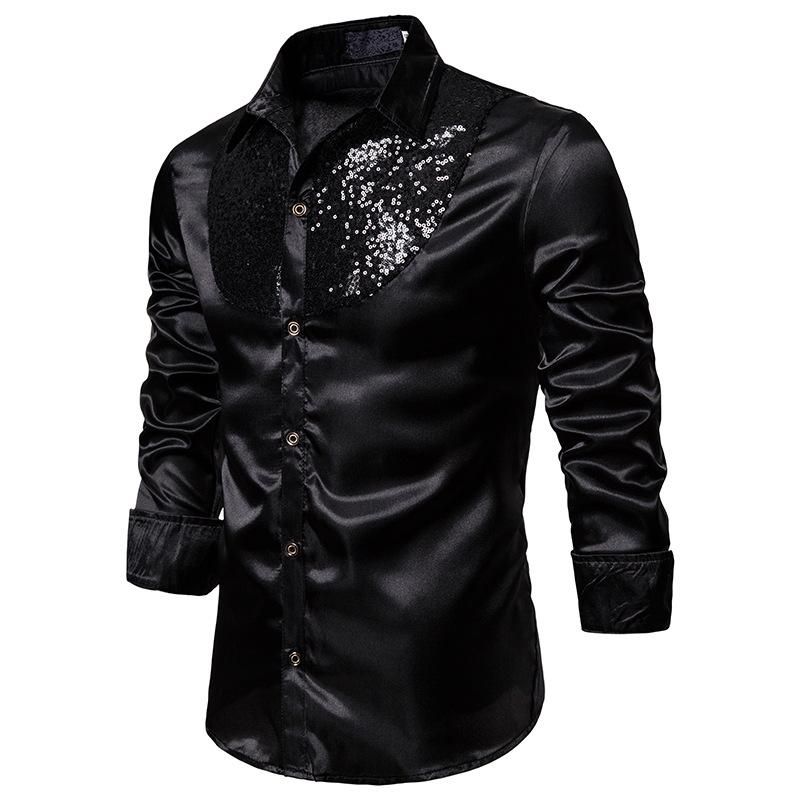 2021 Black Sequin Glitter Shirt Men Prom Chemise Homme 2020