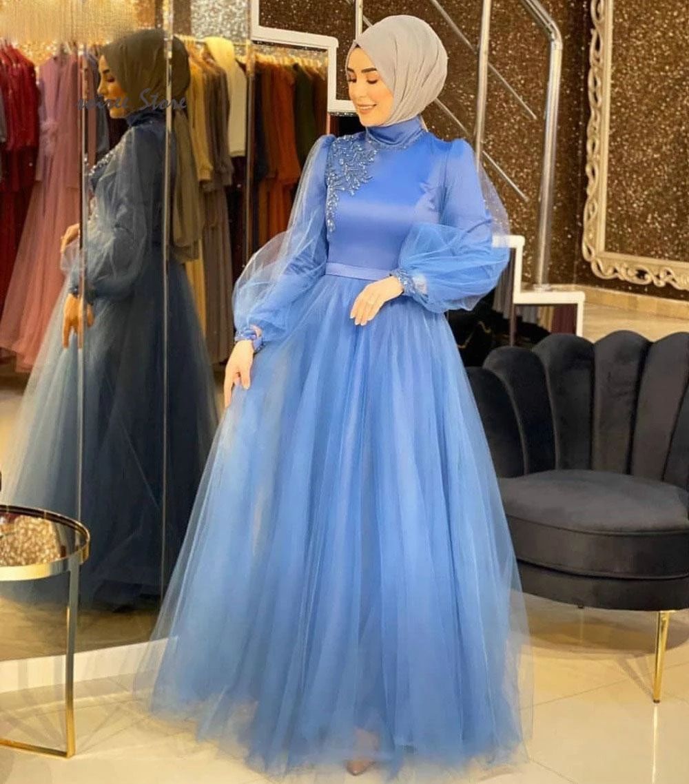 Compra Vestidos De Fiesta Azules Musulmanes Con Mangas De Cuello Alto Una  Línea Vestido Formal Largo 2021 Baratos Baratos En Árabe Vestidos De Noche  Barato | Entrega Rápida Y Calidad | Es.Dhgate