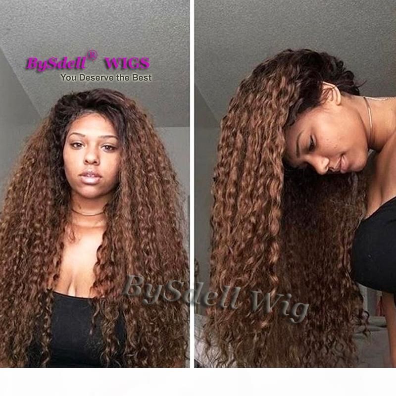 Compre Dois Tom Preto Ombre Cafe Cor Marrom Agua Praia Kinky Curly Cabelo Peruca Peruca Perucas Sinteticas Dianteiras De Renda Para Mulheres De Pele De Chocolate Barato Entrega Rapida E Qualidade
