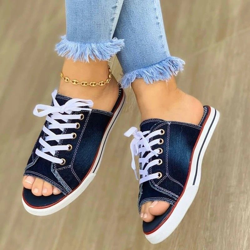 Zomer vrouwen sandalen open teen platte schoenen canvas dames schoenen vis  mond schoenen denim lace-up
