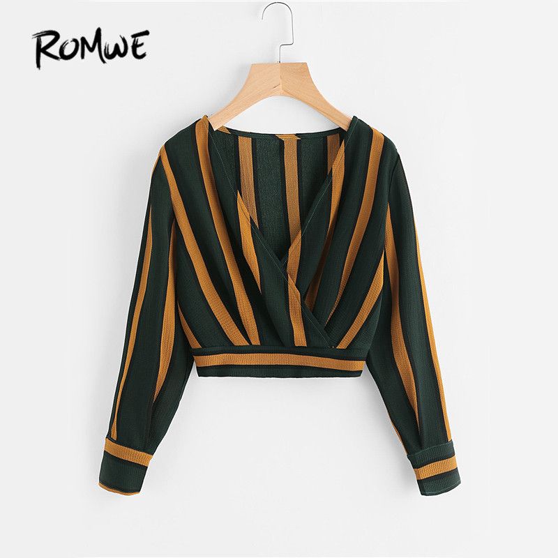 Romwe raya amarilla Cultivos Tops Wrap V escote de blusa acanalada caída Mujeres elegantes de