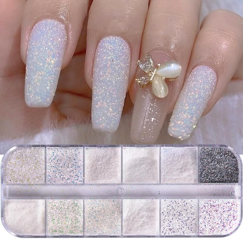 Nail Glitter 1 BOX Powder White Sugar Sandy Mix Art Sequins Dipping Pigment  Dust Flakes Winter Decorations Accessories TRTY