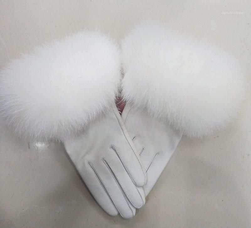 2021 Female Real Leather Gloves With Real Fur Cuff Women Warm Winter