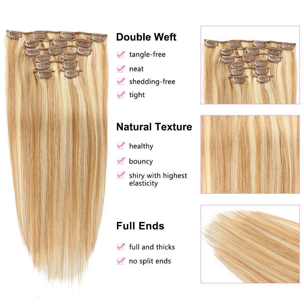 Malaysian 100% Human Hair Straight 1B/613 4/613 #6/613 #27/613 Clips In