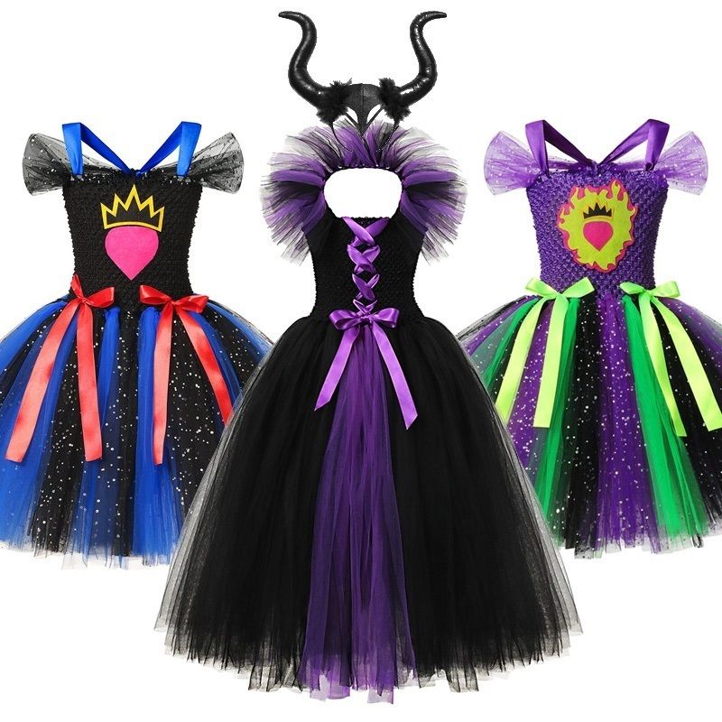 Muababy descendientes elegantes tutu vestido para niñas malvada reina maleficiente villano niños Mal Evie Princess traje Muababy descendientes elegantes tutu vestido para niñas malvada reina maleficiente villano niños Mal Evie Princess traje