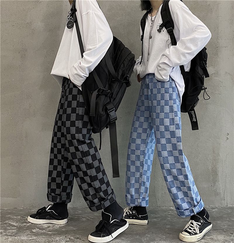 Compra Harajuku Pantalones Mujeres 2021 Jeans Mujer Streetwear A Cuadros  Estilo Coreano Straight Wide Pierna Jeans Plaid Straight Pantalones W0104  Barato | Entrega Rápida Y Calidad | Es.Dhgate
