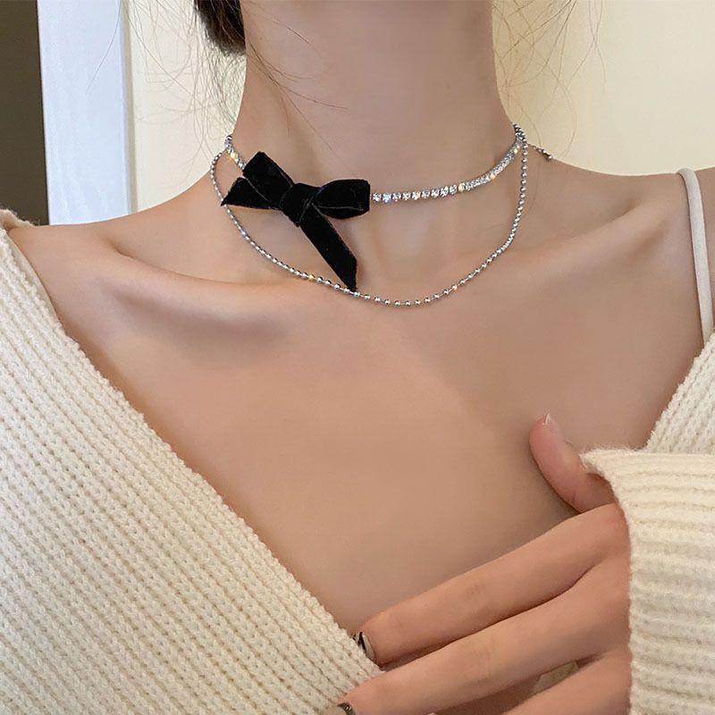 Moda Mujeres Bowknot gargantilla collar de Rhinestone cadena doble capa collares vintage collares