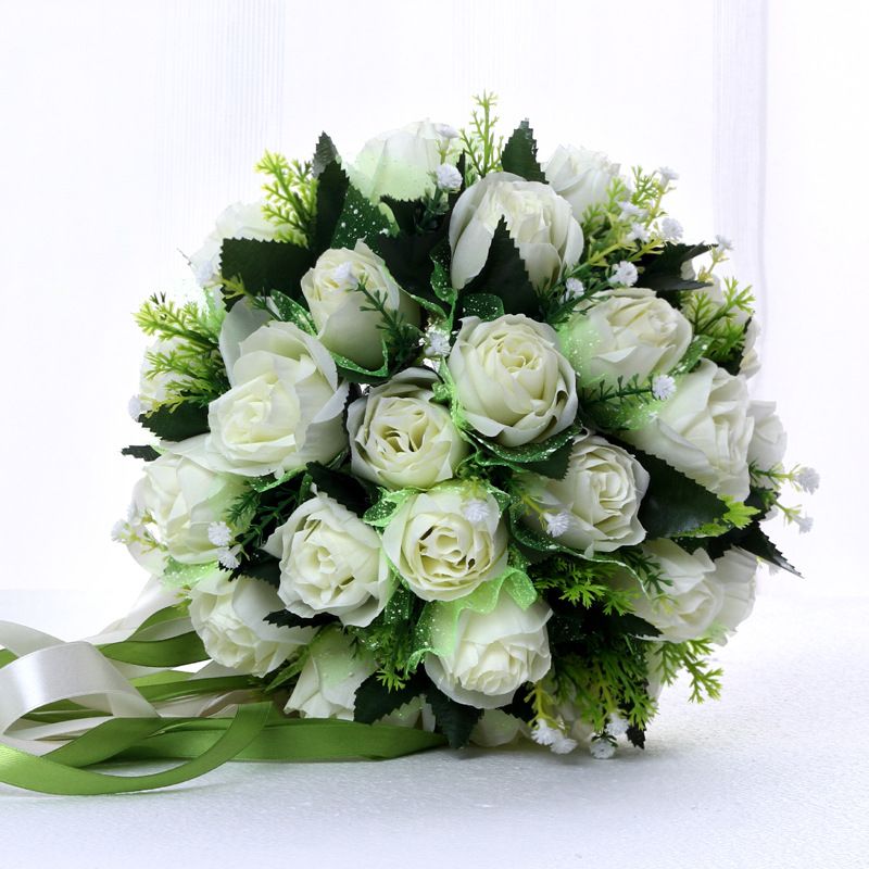 Handmade novo casamento nupcial nupcial buquê buquê bouquets branco verde  artificial rosa flores mão segurando a
