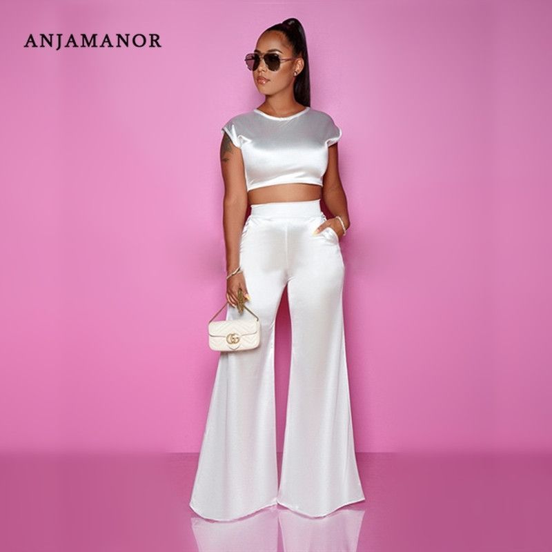 ANJAMANOR Satin Silk Two Piece Set Top 