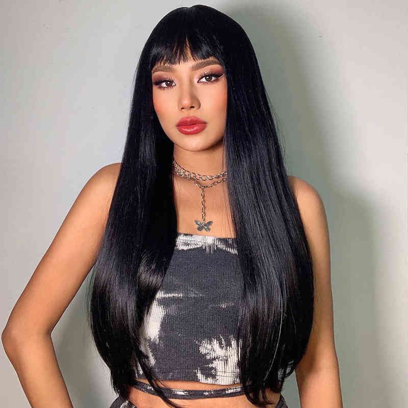 Hair Wigs Gemma - African American Women's Synthetic Wig, Artificial Long and Smooth Black Hair, Bangs, Lolita Style, Daily Party, Heat-resistant 0212 Hair Wigs Gemma - African American Women's Synthetic Wig, Artificial Long and Smooth Black Hair, Bangs, Lolita Style, Daily Party, Heat-resistant 0212
