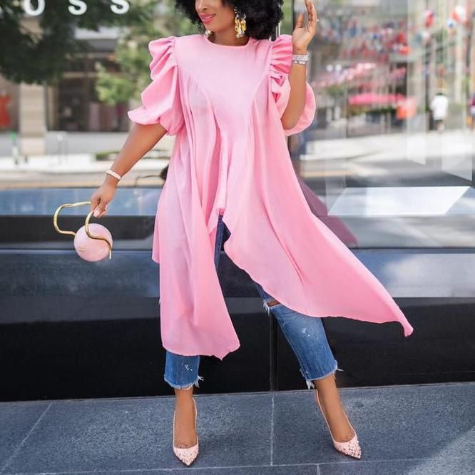 Compra Blusas Para Mujer Camisas Mujeres Rosa Blusa Larga Asimétrica Media  Manga Cintura Alta Solid Solid For Work Business Office Cloth 2021 Barato |  Entrega Rápida Y Calidad | Es.Dhgate