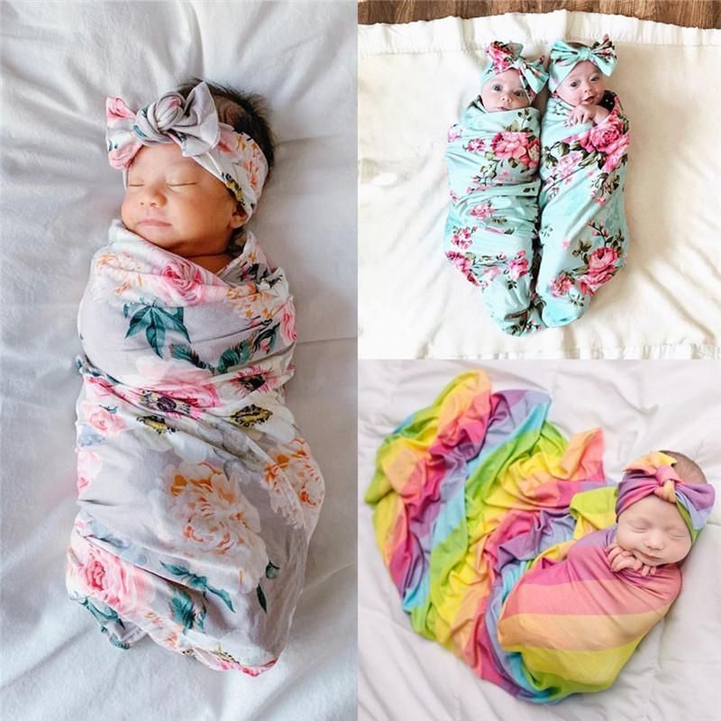 UK  Newborn Baby Girl Boy Swaddle Wrap Blanket Long Sleeve Sleeping Bag+Headband 