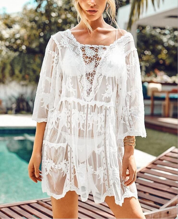 Corrección coser Alarmante Bikinis Cover Up Playa Vestido para Mujeres Blanca Ropa de playa Sexy Transparente  Transparente Malla Suelta