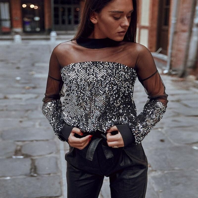 Blusas mujer de manga larga Casual Blusa de moda Blusa de lentejuelas brillantes brillo