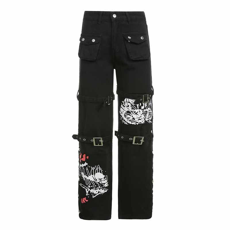 Compra Pantalones Para Mujer De Otoño Temprano Sueltos Harajuku Impresión  De Dibujos Animados Negro Denim Pantalones Diseño Metal Hebilla Cuadrito  Dark College Style High Cinte Pantalones De Cintura Barato | Entrega Rápida