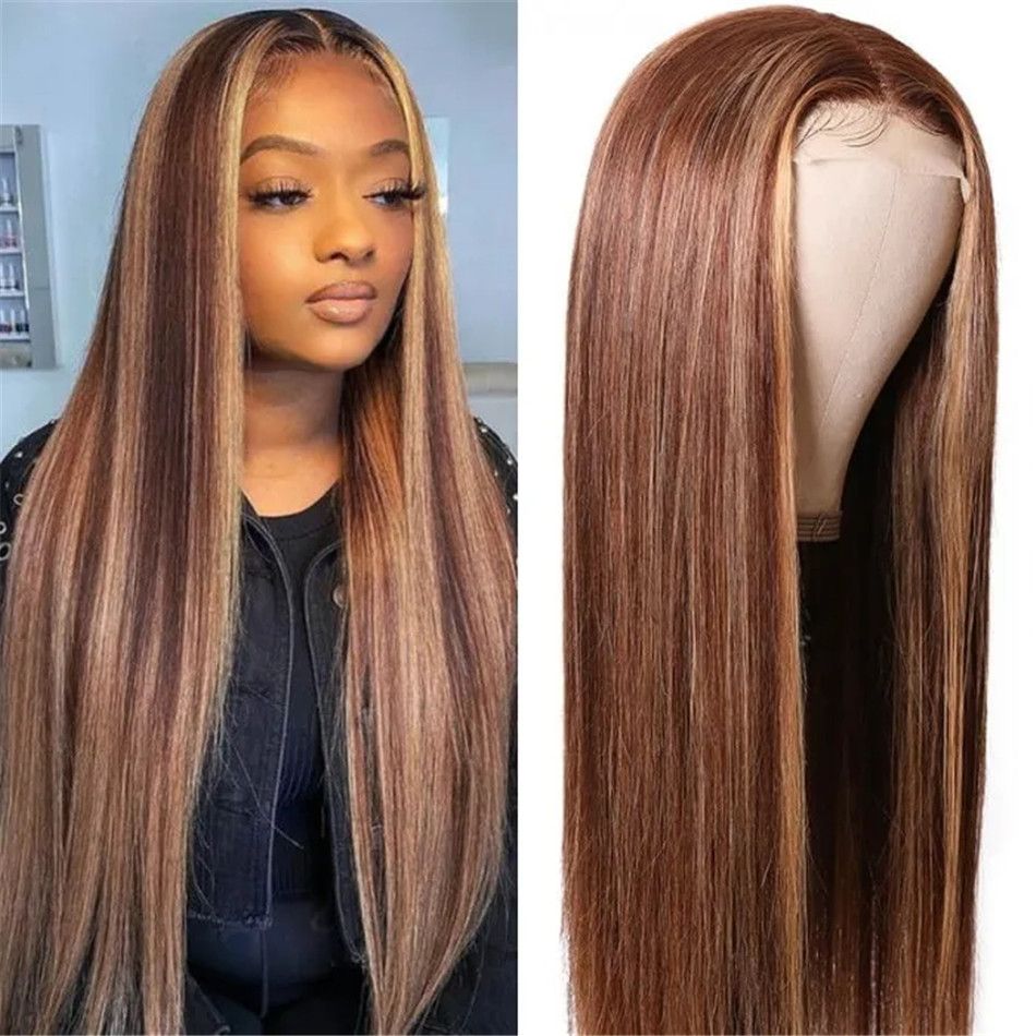 New Fake Scalp Wig Human Hair Hand Tied Lace Hair Part Line Straight Hair Wigs 150% Density Blonde Brown Closure Wig AAAA New Fake Scalp Wig Human Hair Hand Tied Lace Hair Part Line Straight Hair Wigs 150% Density Blonde Brown Closure Wig AAAA