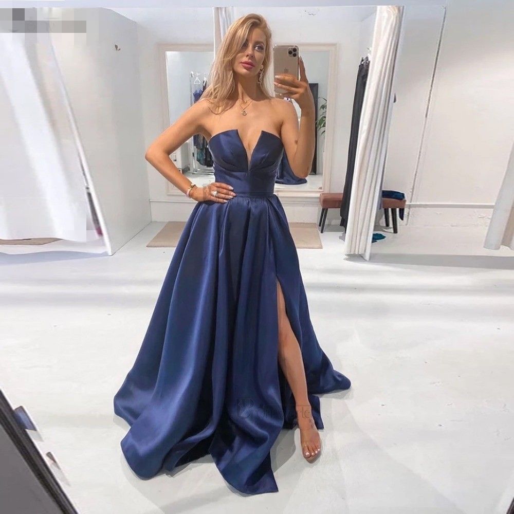 YUNUO-Vestidos de Noche Azul Marino elegantes para fiesta, Vestido largo de  satén, largo, sin hombros, Formal, con abertura lateral alta - AliExpress  Bodas y eventos