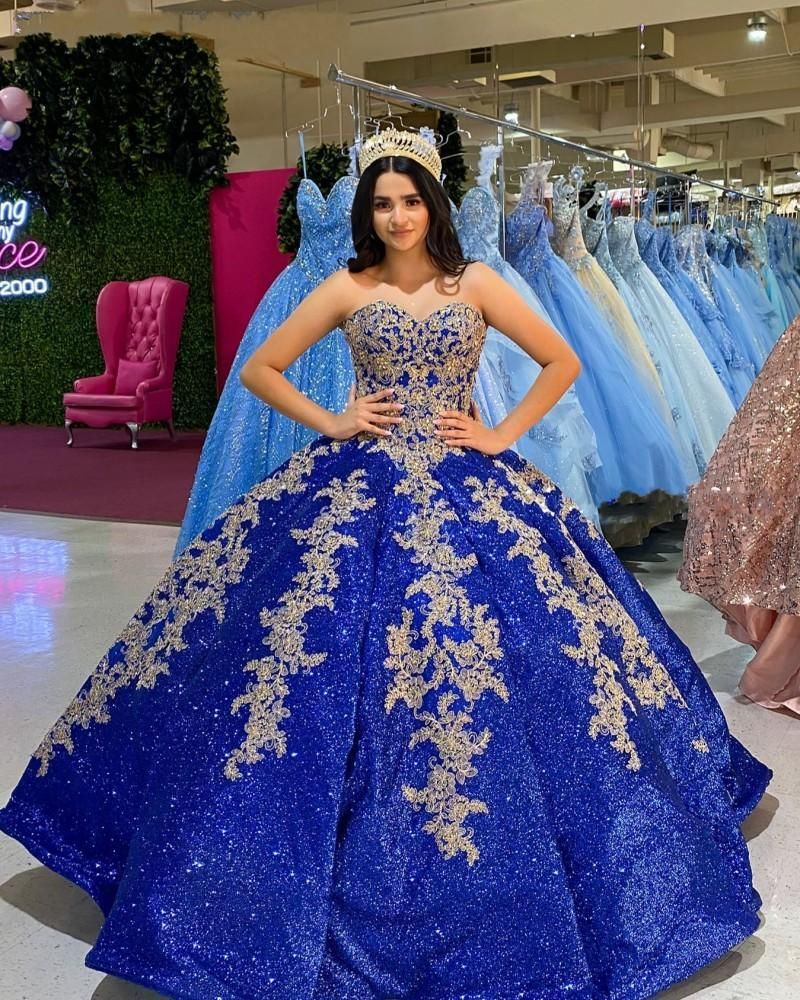 Princesa lentejuelas quinceanera vestido real vestido azul bola bola  hinchado encaje dulce 16 ocasión especial fiesta