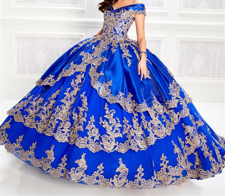 Royal Blue Quinceanera Dresses With Gold Appliqued Crystal Off The ...