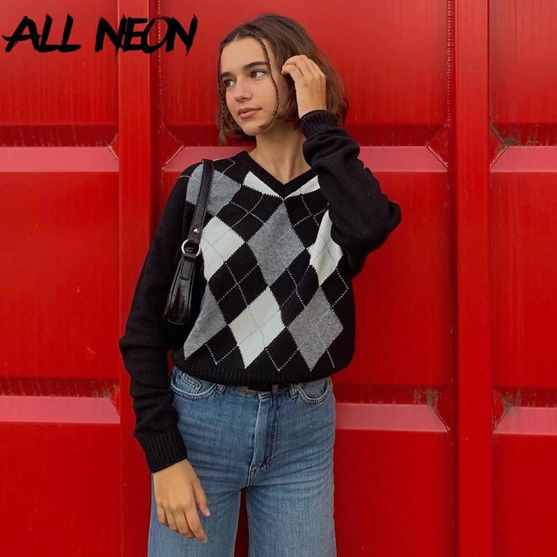 Acquistare Allneon Indie Aesthetics Argyle Plaid Maglia Y2K Maglioni  Harajuku V Neck Manica Lunga Pullover E Girl Vintage Streetwear Caduta  Economico | Consegna Veloce E Qualità | It.Dhgate