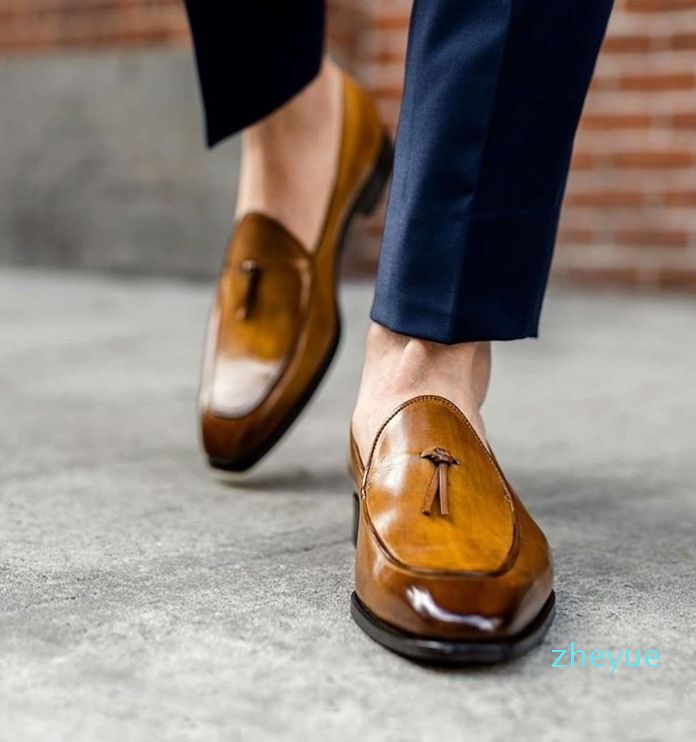 Zapatos de vestir moda masculinos calzado formal hombres mocasines de patente de cuero marrón resbalón