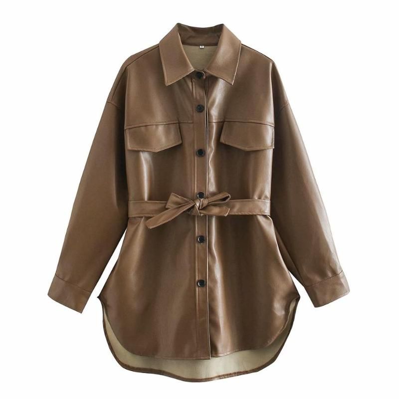 Faux chaquetas de cuero mujeres de manga larga cinturón de corbata c Faux chaquetas de cuero mujeres de manga larga cinturón de corbata c