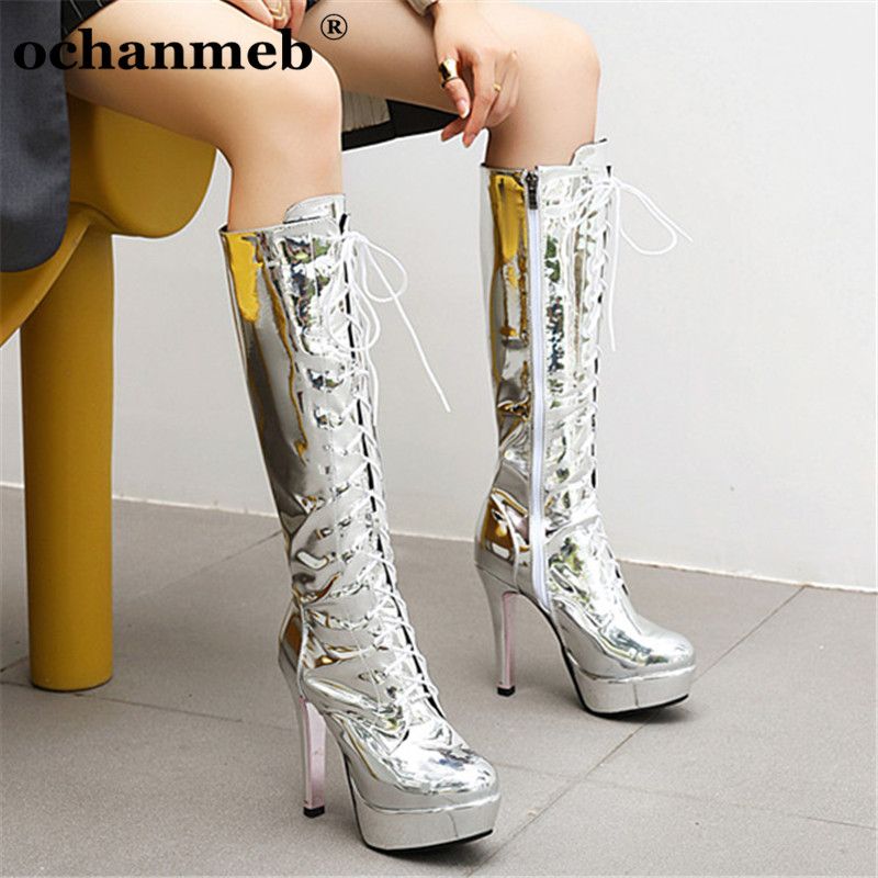 silver knee high platform boots