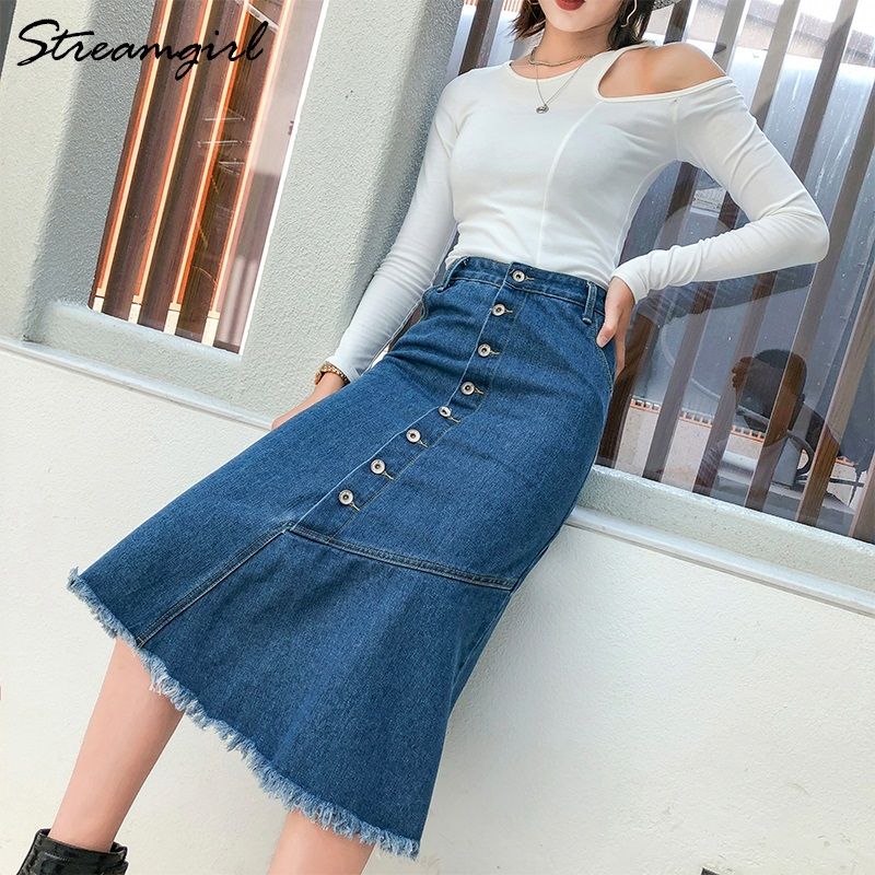 2021 Women Winter Long Skirt Denim Buttons High Waist Long Skirts For ...