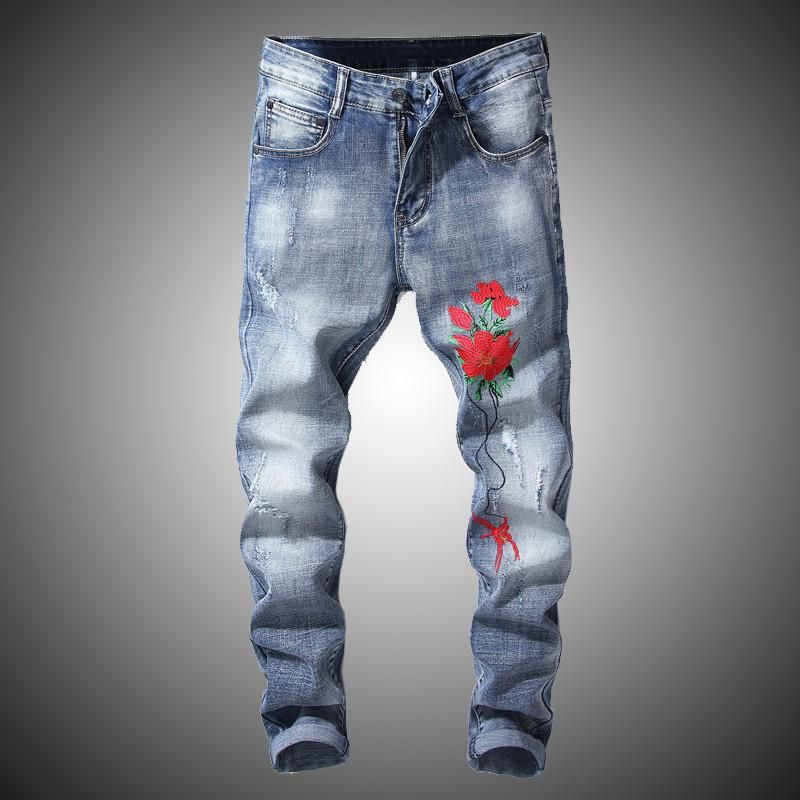 2021 mens rose embroidery jeans hip hop slim fit distressed denim pant