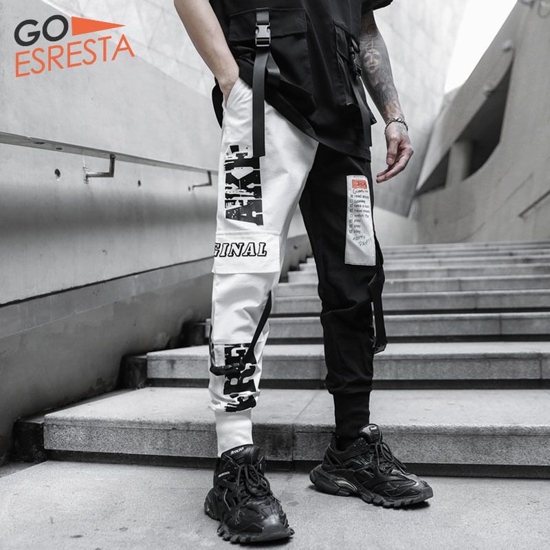 Hip Hop de carga pantalones de hombres Streetwear blanco negro de costura Pantalones