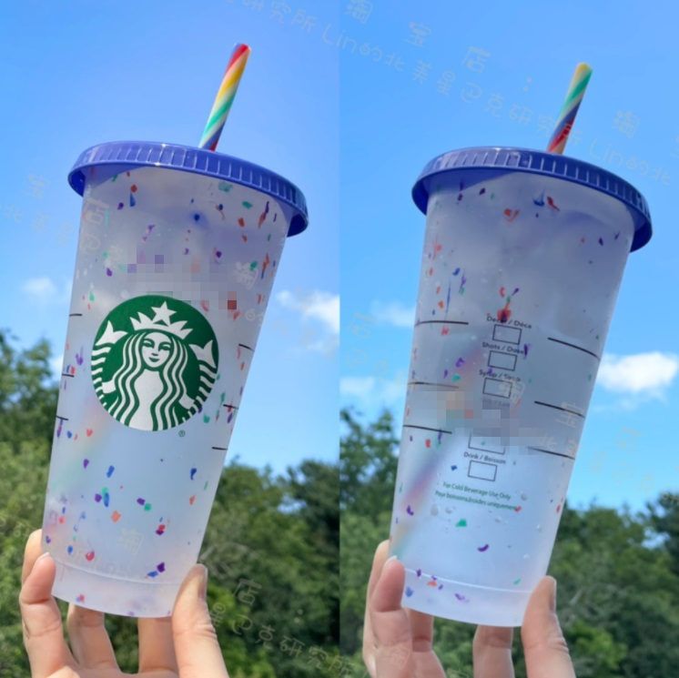 Starbucks 24oz/710ml Plastic Tumbler Reusable Clear Drinking Flat Bottom  Cup Pillar Shape Lid Straw Mug White (5 Pieces)