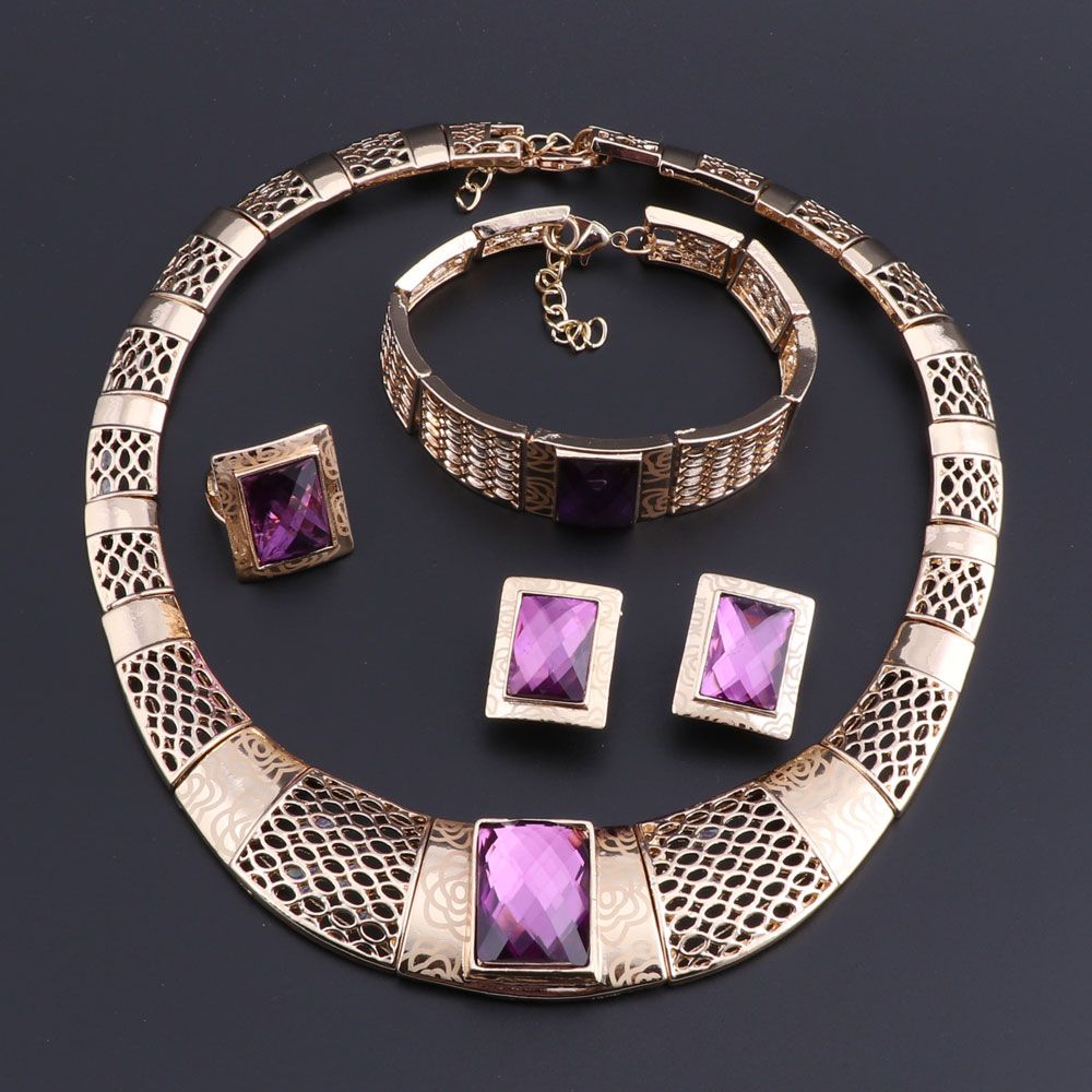 Lila kristall guldfärg smycken uppsättningar med armband örhängen kvinnor geometriska uttalanden halsband för bröllop halsband
