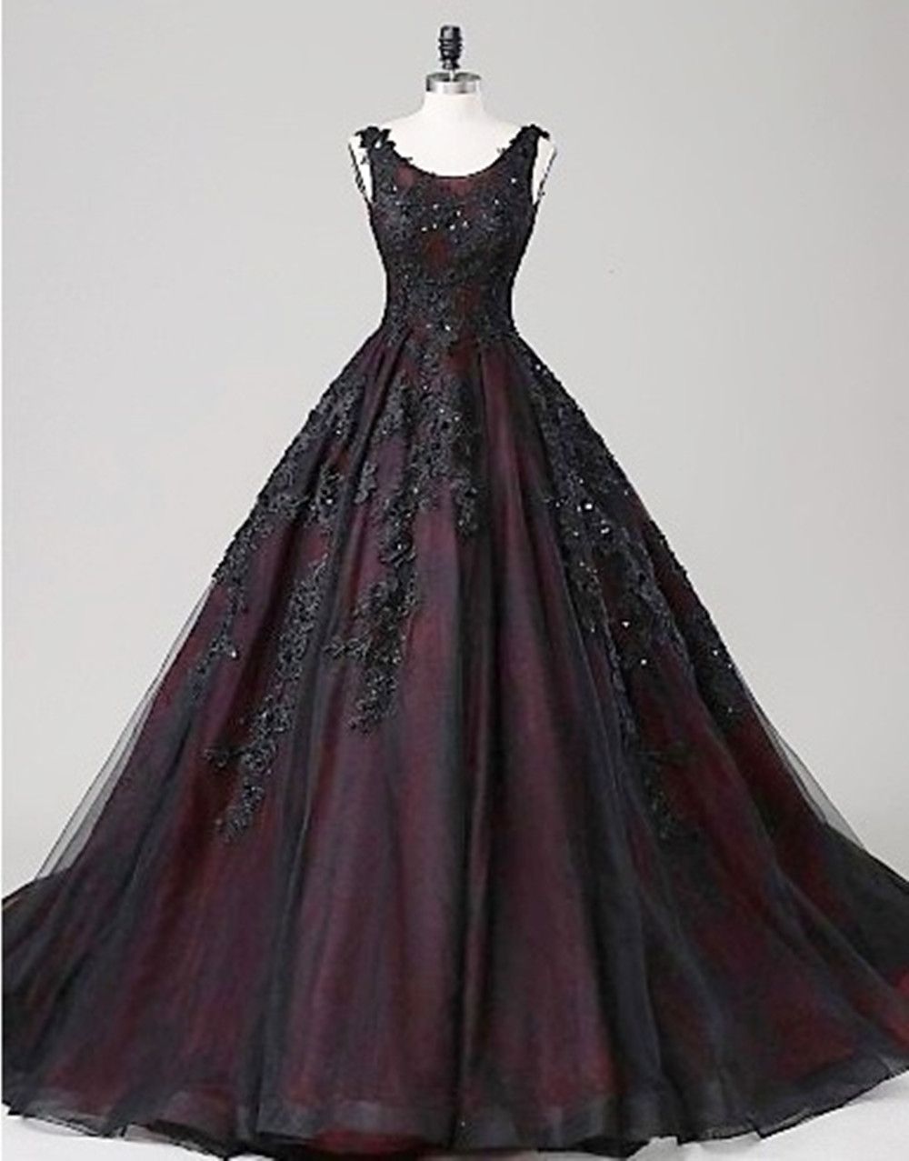 2021 Black And Red Gothic Wedding Dresses Ball Gown Scoop Beaded Lace