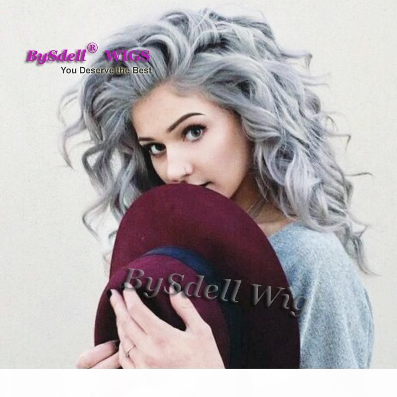 Silver Grey Hair Long Curly Hairstyle White Gray Color perruque synthetic  women Hair Body Deep Wave Synthetic Lace Front Wigs