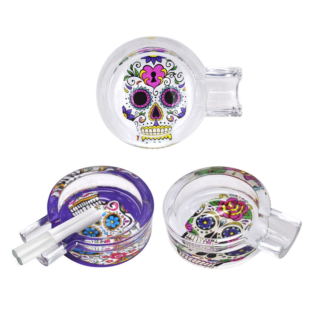 Day Of The Dead Smoking Coloured Skull Glass Ashtray 